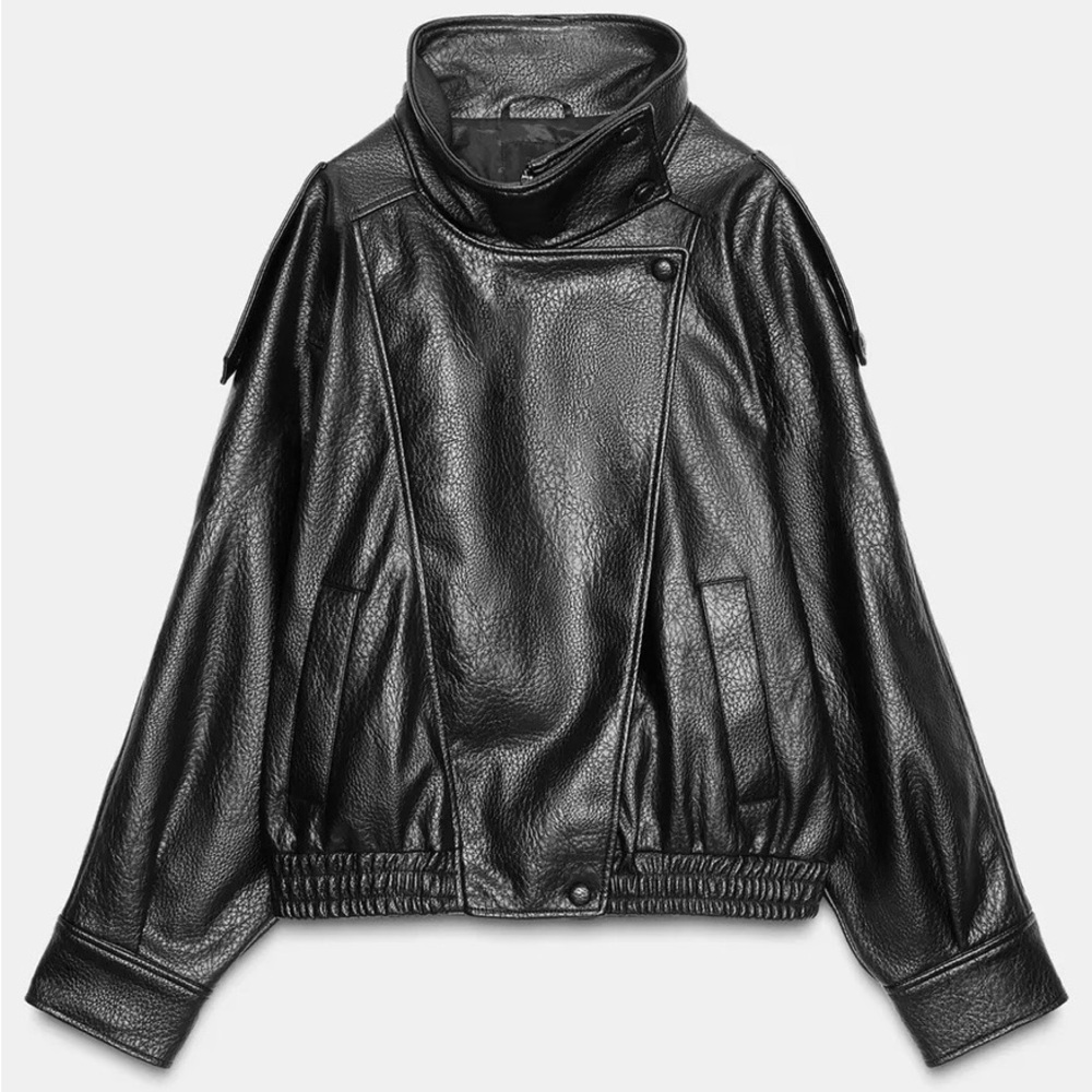 Zara Black Funnel Neck Leather Bomber